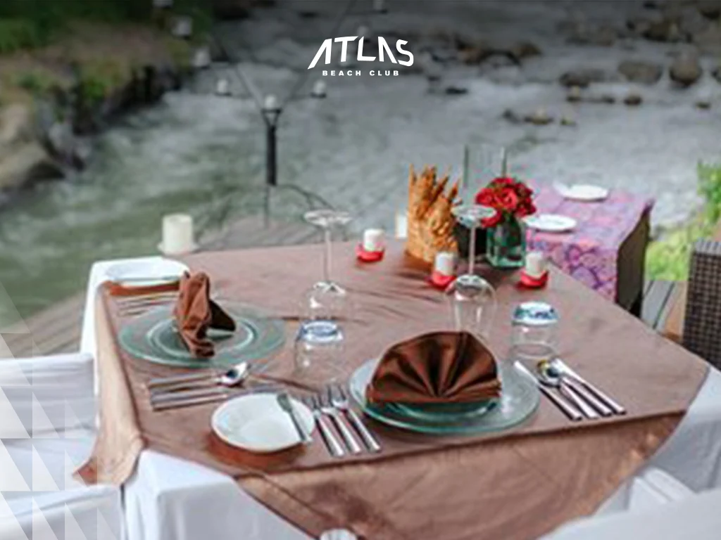 Dining setup, elegant setting, river, dating in bali