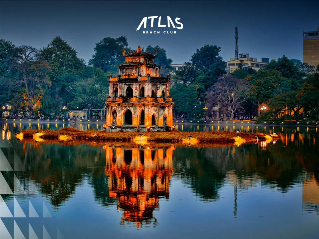 Hoan Kiem Lake, Hanoi, a pagoda in the background.